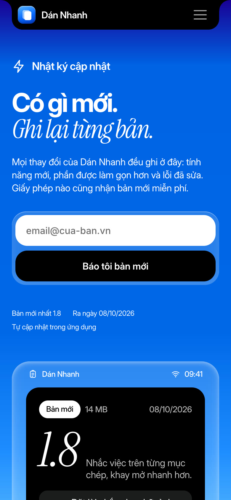 Màn hình đầu của trang Nhật ký cập nhật, kiểu Phần mềm tiện ích trên điện thoại