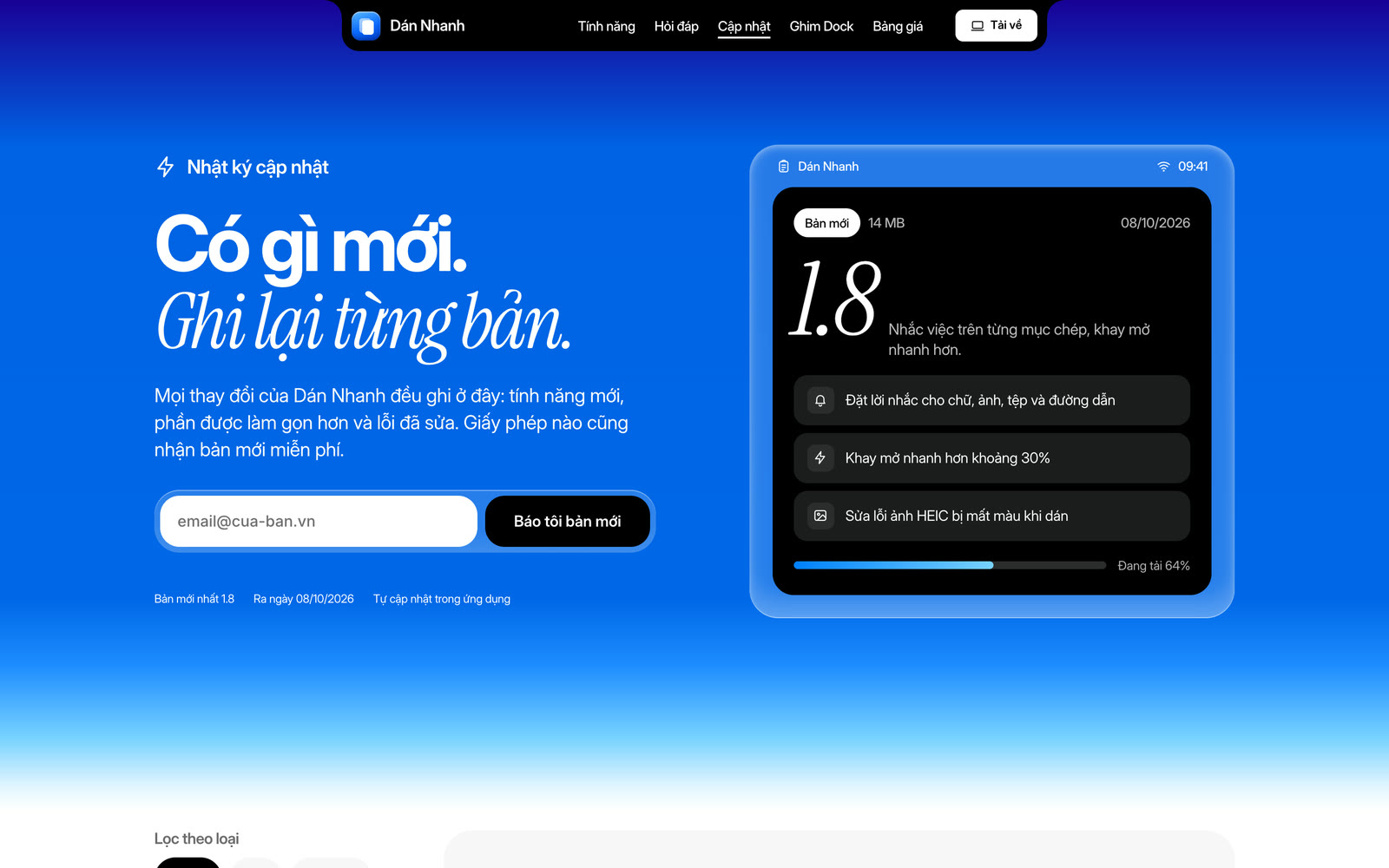 Màn hình đầu của trang Nhật ký cập nhật, kiểu Phần mềm tiện ích trên máy tính