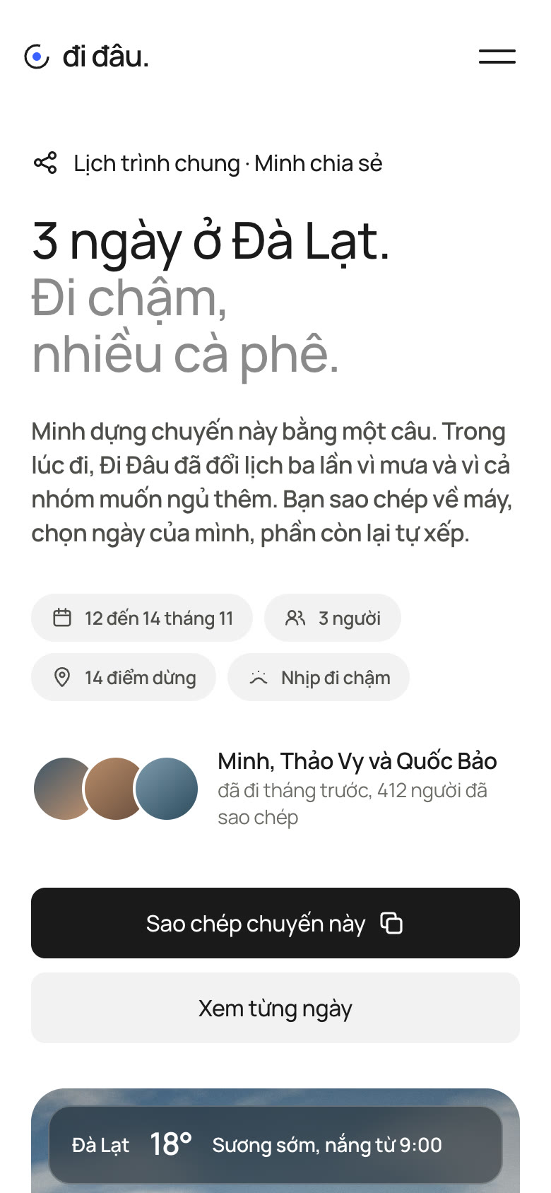 Màn hình đầu của trang Lịch trình chia sẻ, kiểu Ứng dụng du lịch trên điện thoại