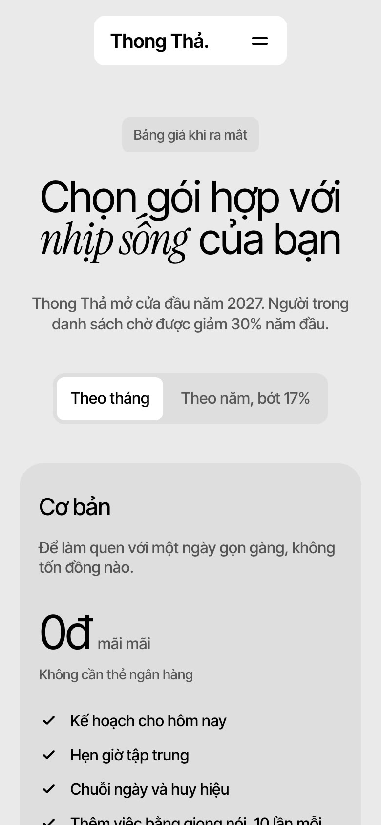 Màn hình đầu của trang Bảng giá, kiểu Ứng dụng thư thái trên điện thoại