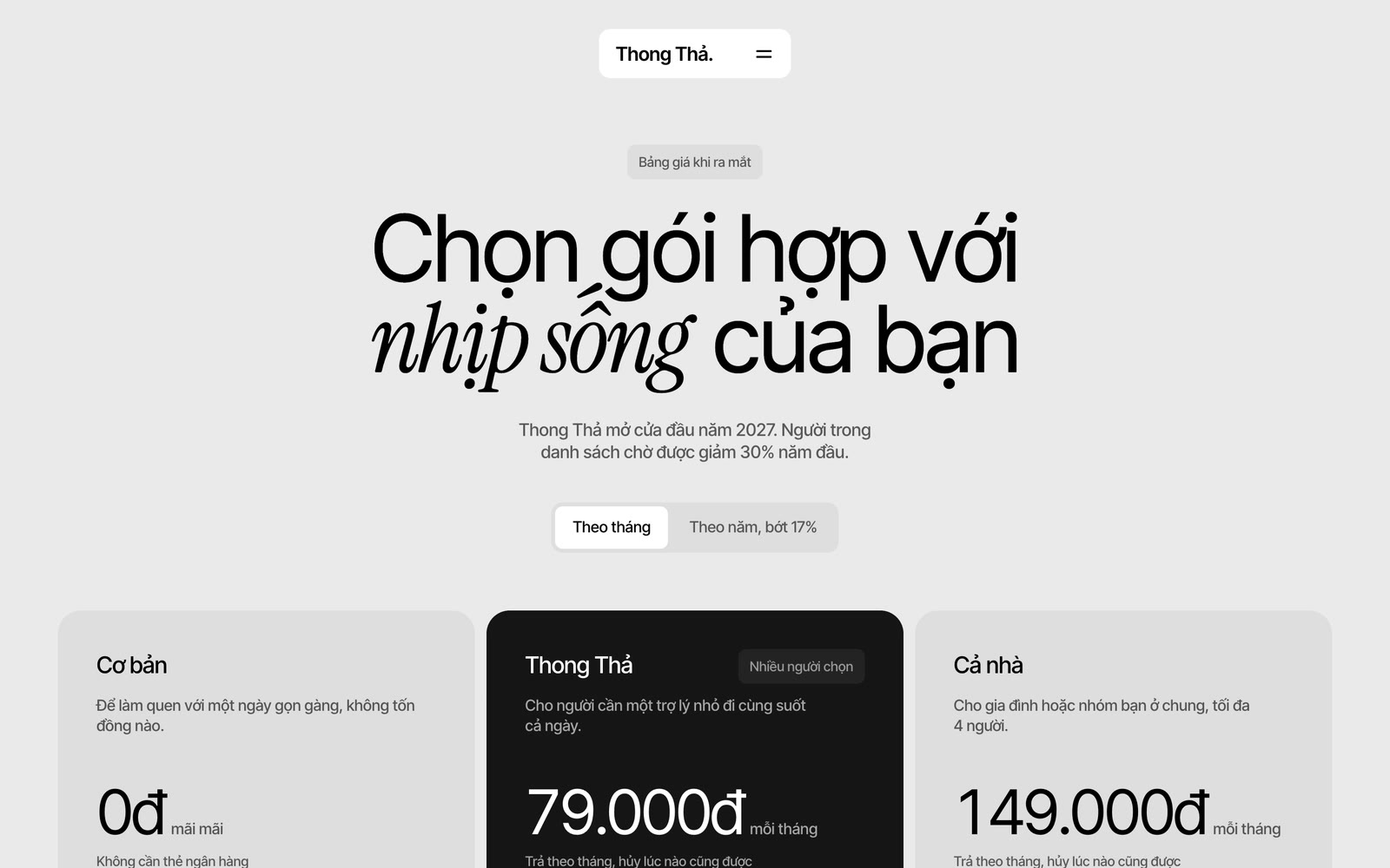 Màn hình đầu của trang Bảng giá, kiểu Ứng dụng thư thái trên máy tính